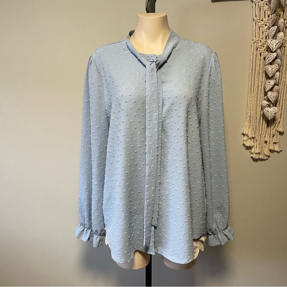 Acevog Swiss Dot Tie Neck Pussybow Button Down Blouse Top Blue Ruffled Size XL